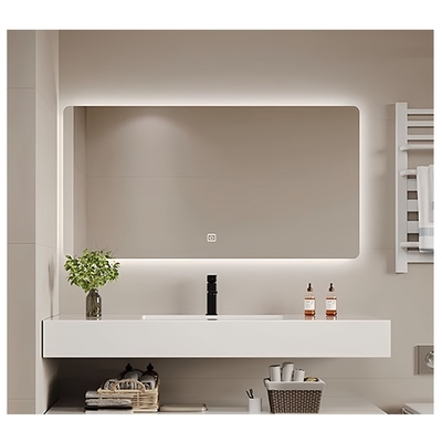 Badkamer bureaubladorganisator met wit keramisch wasbak en SLABS/SINTERSTONE materiaal